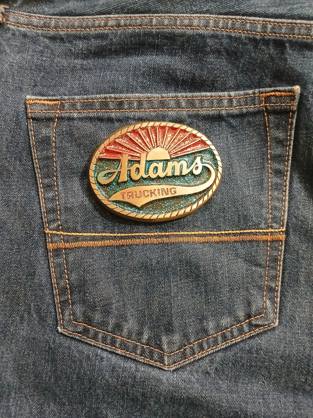 Adams Trucking Vintage Belt Buckle – On jeans back pocket Adams Trucking vintage belt buckle – on jeans back pocket