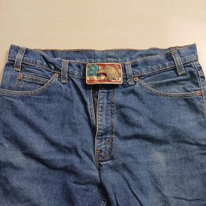 American Flag Eagle vintage belt buckle – worn on belt with jeans