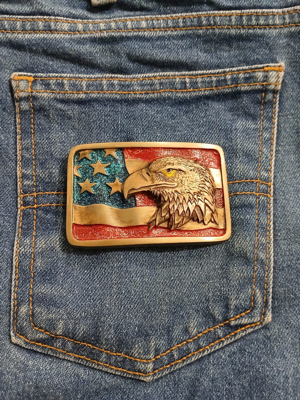 American Flag Eagle Vintage Belt Buckle – On jeans back pocket American Flag Eagle vintage belt buckle – on jeans back pocket