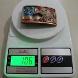 American Flag Eagle vintage belt buckle – on scale showing weight