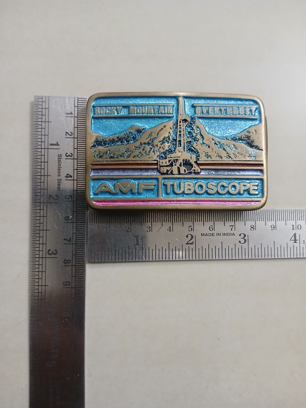 AMF Tuboscope Vintage Belt Buckle – With ruler for size AMF Tuboscope vintage belt buckle – with ruler for size