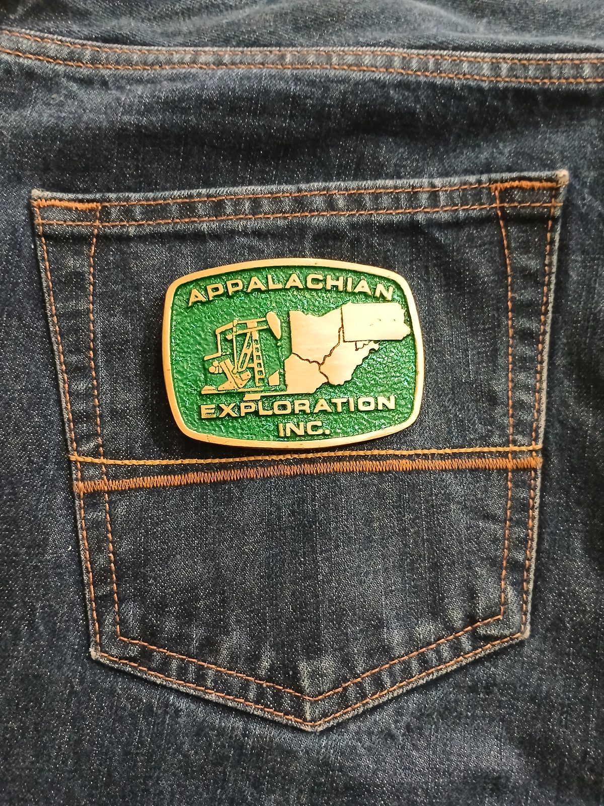 Appalachian Exploration Inc Vintage Belt Buckle – On jeans back pocket Appalachian Exploration Inc vintage belt buckle – on jeans back pocket
