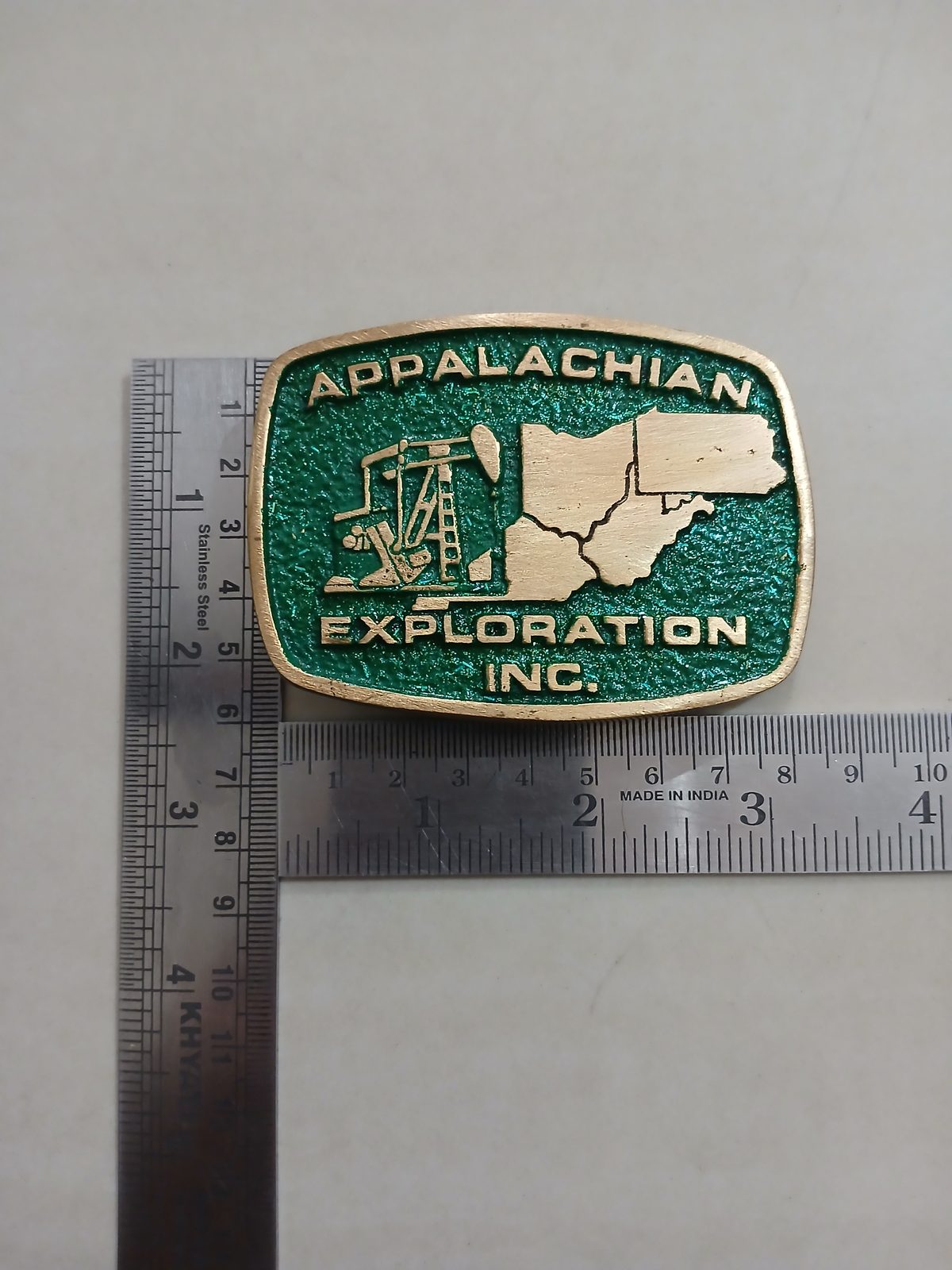Appalachian Exploration Inc Vintage Belt Buckle – With ruler for size Appalachian Exploration Inc vintage belt buckle – with ruler for size