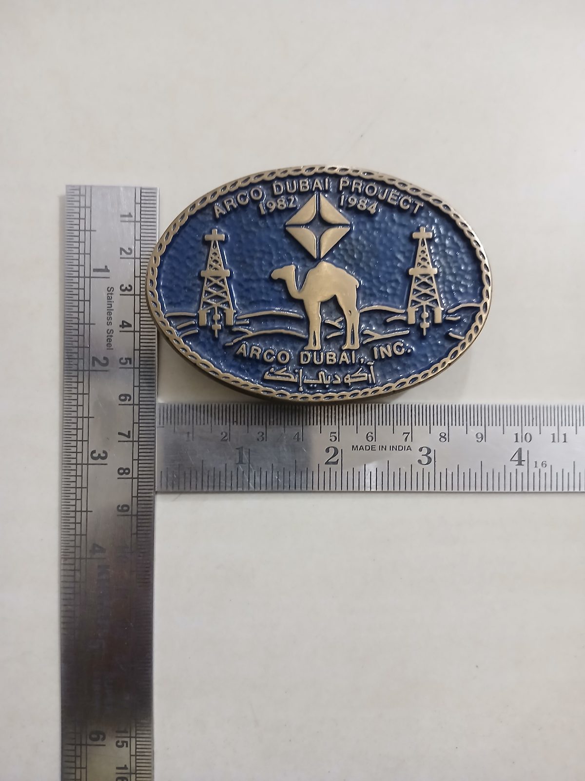 ARCO Dubai Inc Camel Vintage Belt Buckle – With ruler for size ARCO Dubai Inc Camel vintage belt buckle – with ruler for size