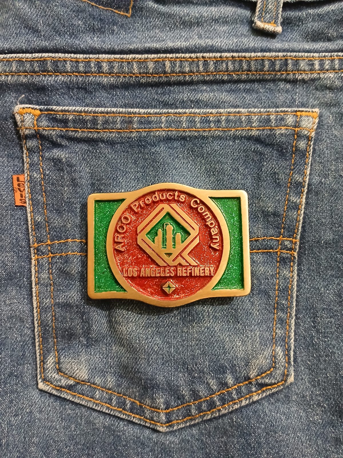ARCO Los Angeles Refinery Vintage Belt Buckle – On jeans back pocket ARCO Los Angeles Refinery vintage belt buckle – on jeans back pocket