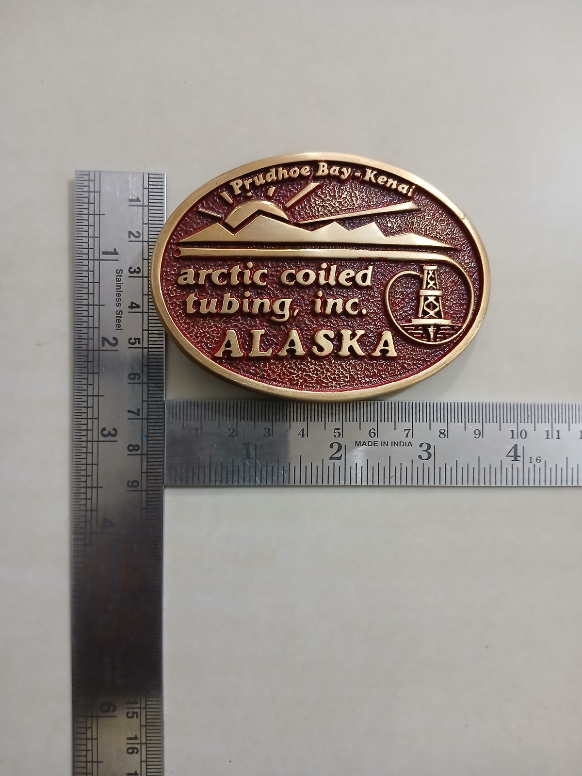 Arctic Coiled Tubing Inc Alaska Vintage Belt Buckle – With ruler for size Arctic Coiled Tubing Inc Alaska vintage belt buckle – with ruler for size