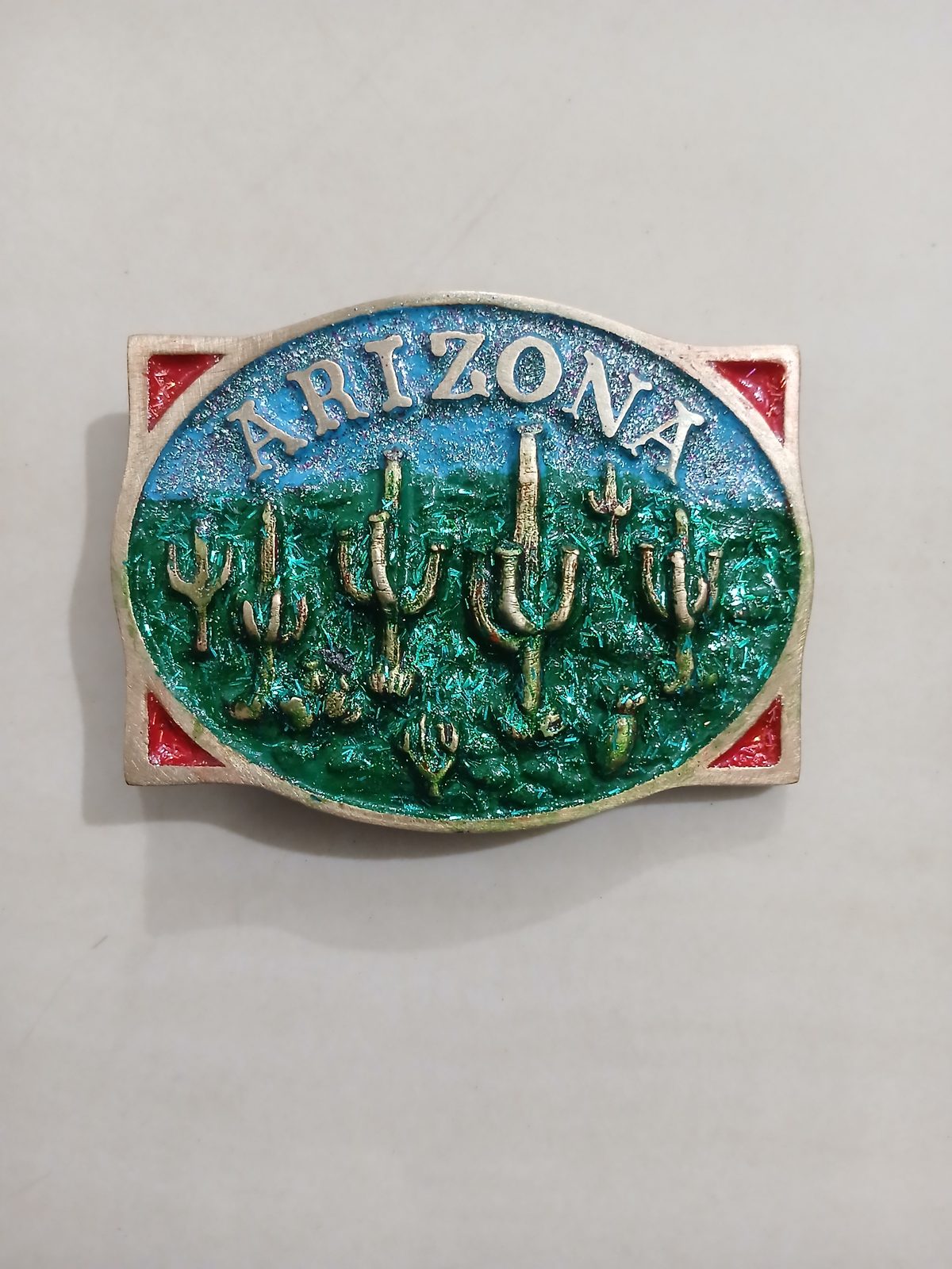 Arizona Saguaro Cactus Vintage Belt Buckle – Front view Arizona Saguaro Cactus vintage belt buckle – front view