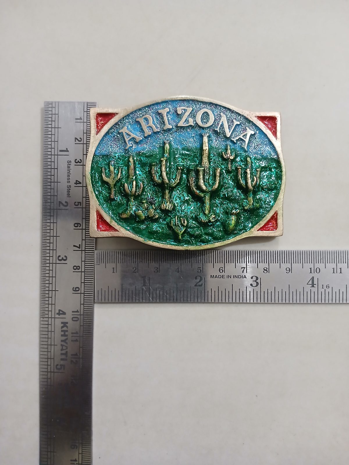 Arizona Saguaro Cactus Vintage Belt Buckle – With ruler for size Arizona Saguaro Cactus vintage belt buckle – with ruler for size