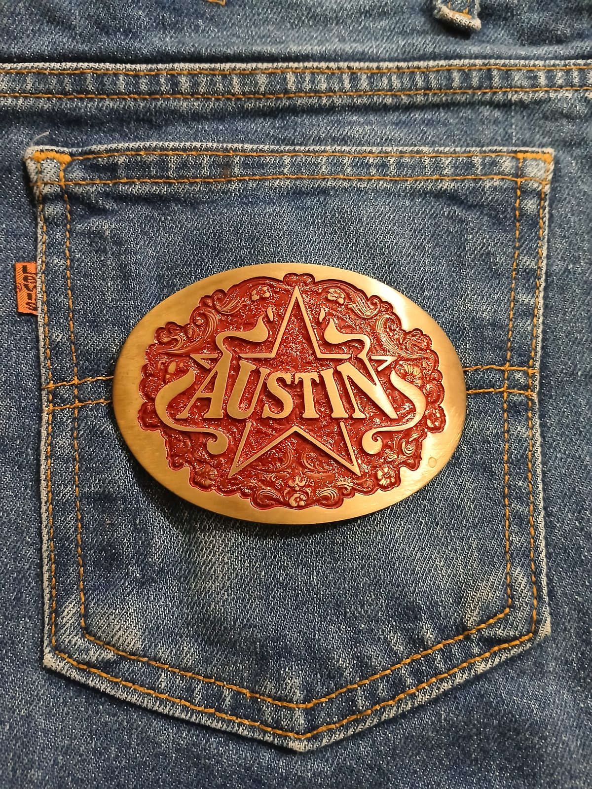 Austin Vintage Belt Buckle – On jeans back pocket Austin vintage belt buckle – on jeans back pocket