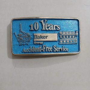 Baker Energy 10 Years Accident-Free vintage belt buckle – front view