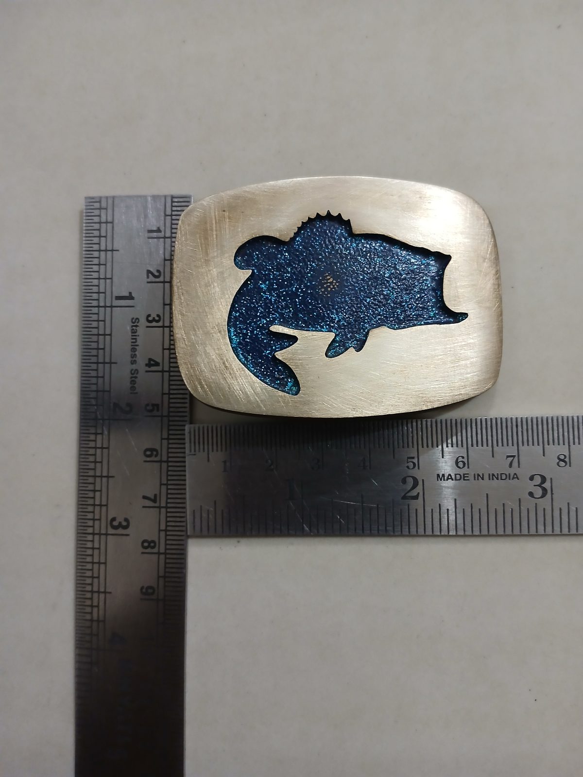 Bass Fish Cutout Vintage Belt Buckle – With ruler for size Bass Fish Cutout vintage belt buckle – with ruler for size