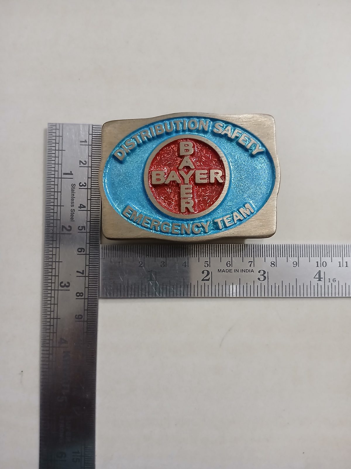 Bayer Emergency Team Vintage Belt Buckle – With ruler for size Bayer Emergency Team vintage belt buckle – with ruler for size