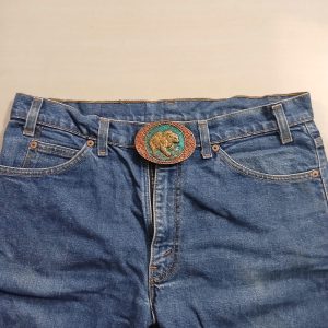 Bear Fishing vintage belt buckle – worn on belt with jeans