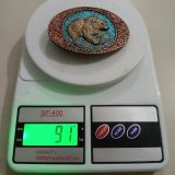 Bear Fishing vintage belt buckle – on scale showing weight