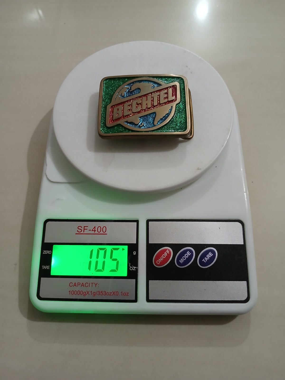 Bechtel Vintage Belt Buckle – On scale showing weight Bechtel vintage belt buckle – on scale showing weight