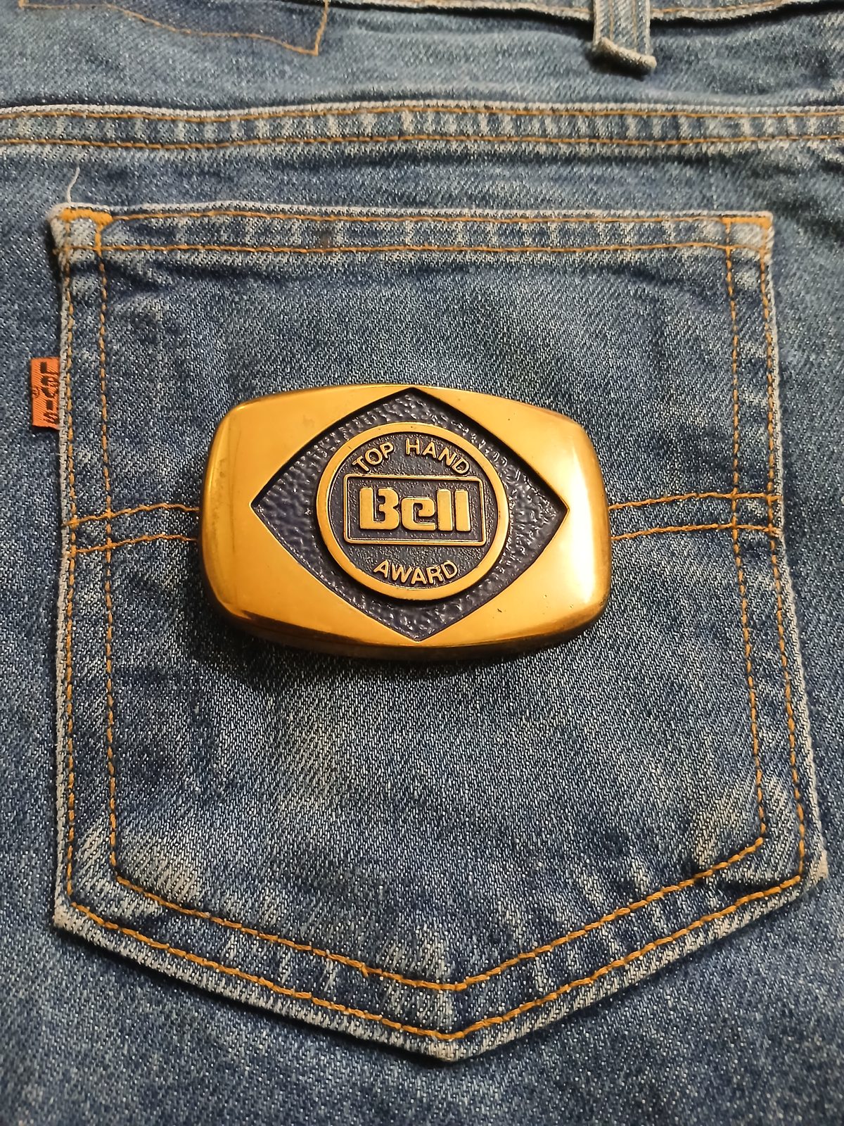 Bell Top Hand Award Vintage Belt Buckle – On jeans back pocket Bell Top Hand Award vintage belt buckle – on jeans back pocket