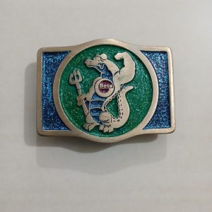Beta Alligator Mascot vintage belt buckle – front view