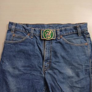 Beta Alligator Mascot vintage belt buckle – worn on belt with jeans
