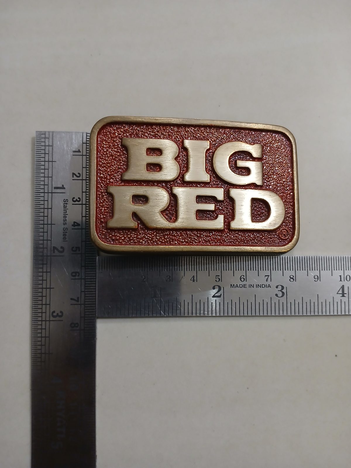 Big Red Vintage Belt Buckle – With ruler for size Big Red vintage belt buckle – with ruler for size