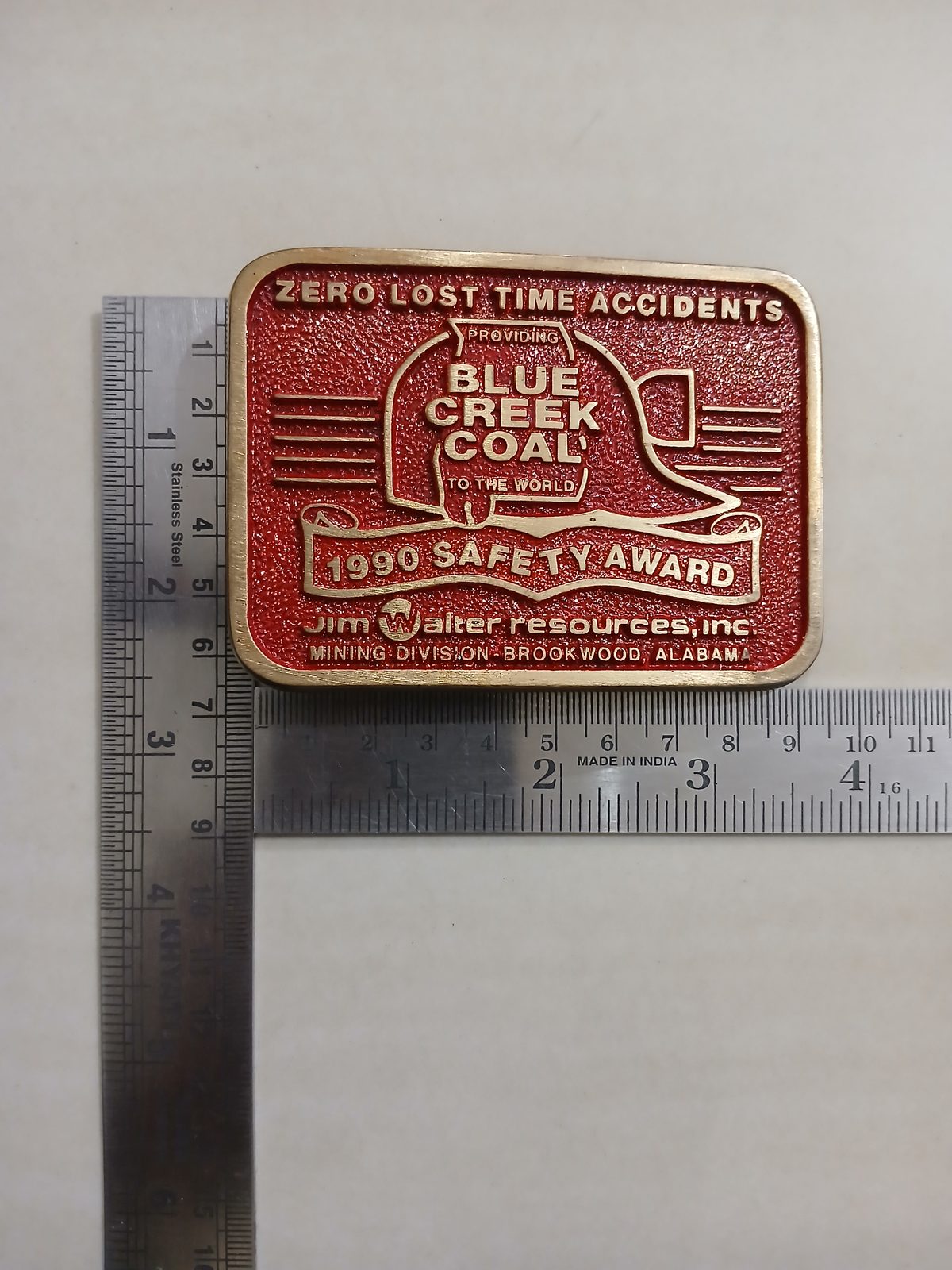 Blue Creek Coal Jim Walter 1990 Safety Award Vintage Belt Buckle – With ruler for size Blue Creek Coal Jim Walter 1990 Safety Award vintage belt buckle – with ruler for size