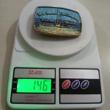 Bob Smith Oil Company Ventura California vintage belt buckle – on scale showing weight