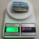Bob Smith Oil Company Ventura California vintage belt buckle – on scale showing weight