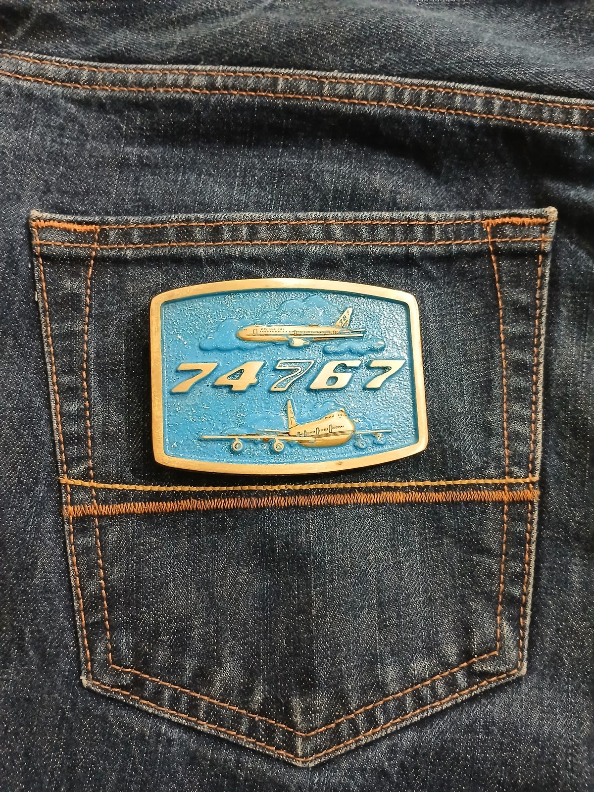 Boeing 747 767 Vintage Belt Buckle – On jeans back pocket Boeing 747 767 vintage belt buckle – on jeans back pocket