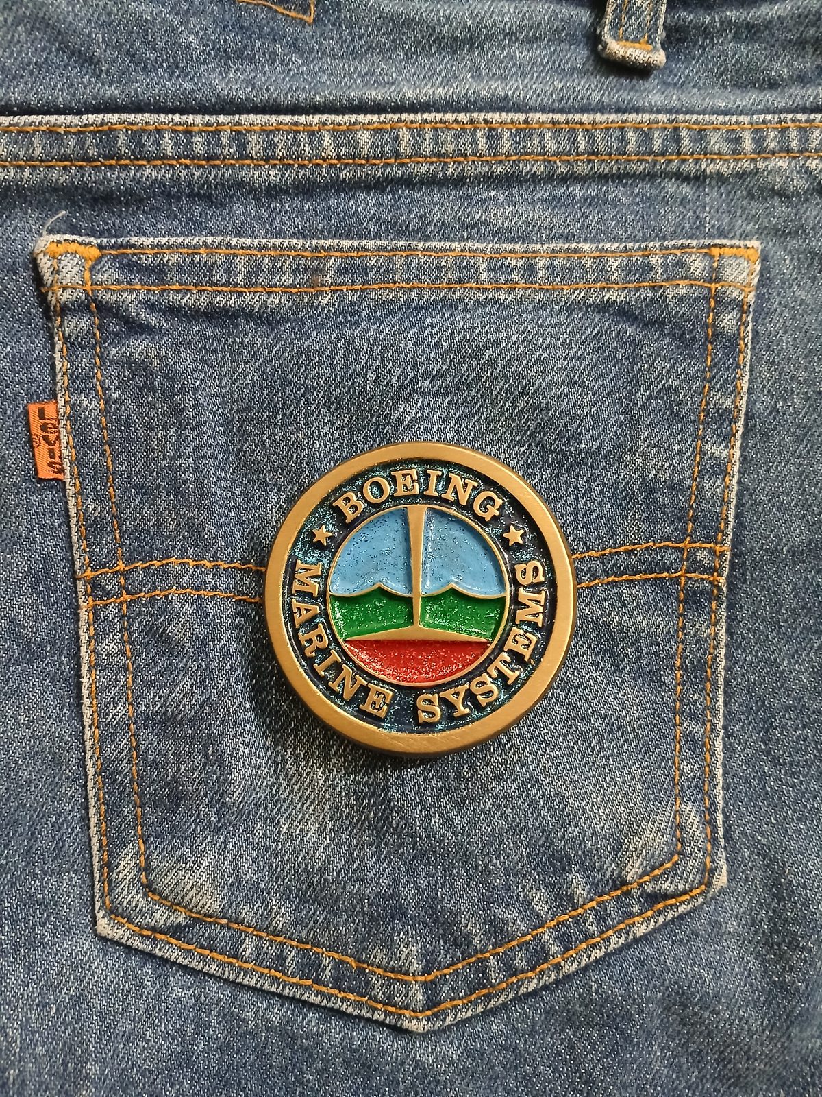 Boeing Marine Systems Vintage Belt Buckle – On jeans back pocket Boeing Marine Systems vintage belt buckle – on jeans back pocket