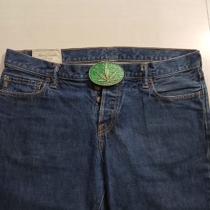 Cannabis Leaf vintage belt buckle – worn on belt with jeans