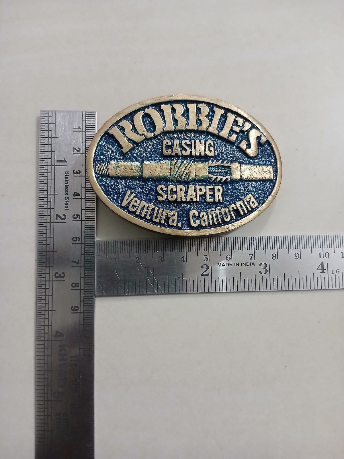 Casing Scraper Ventura California Vintage Belt Buckle – With ruler for size Casing Scraper Ventura California vintage belt buckle – with ruler for size