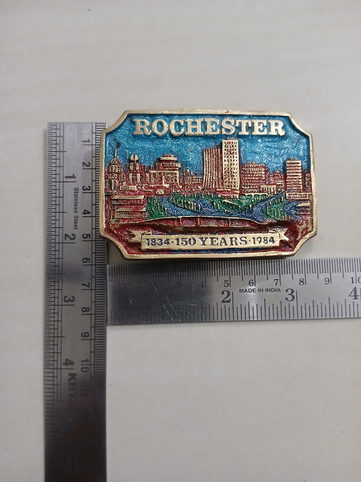 City Skyline 150 Years 1834-1984 Vintage Belt Buckle – With ruler for size City Skyline 150 Years 1834-1984 vintage belt buckle – with ruler for size