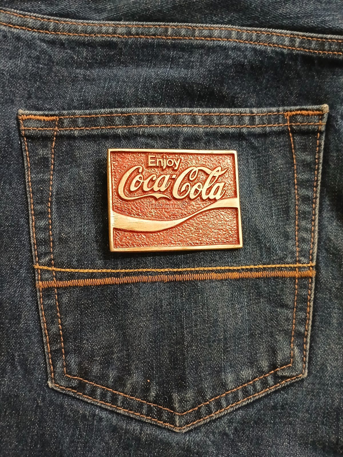 Coca-Cola Vintage Belt Buckle – On jeans back pocket Coca-Cola vintage belt buckle – on jeans back pocket