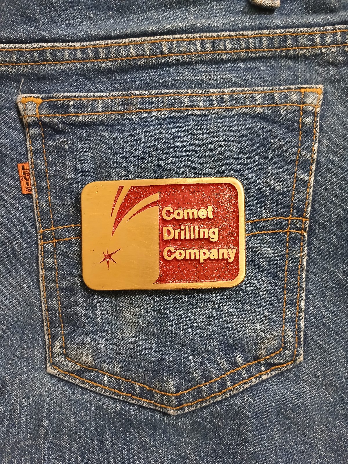 Comet Drilling Company Vintage Belt Buckle – On jeans back pocket Comet Drilling Company vintage belt buckle – on jeans back pocket
