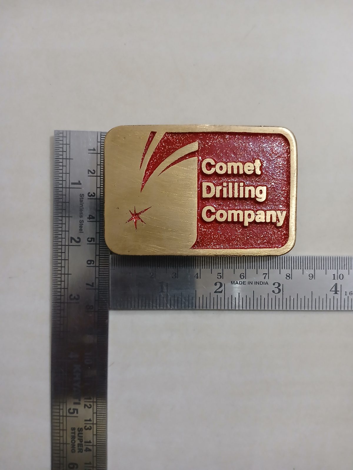 Comet Drilling Company Vintage Belt Buckle – With ruler for size Comet Drilling Company vintage belt buckle – with ruler for size