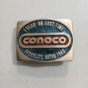 Conoco 1 Year No Lost Time Chocolate Bayou 1982 vintage belt buckle – front view