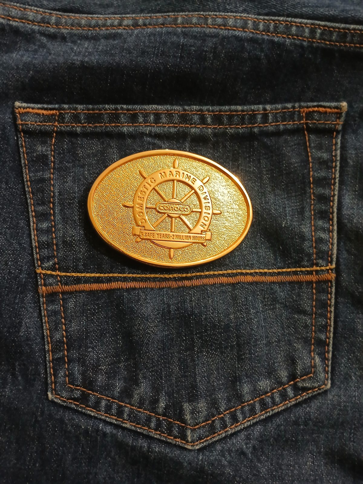 Conoco Domestic Marine Division Vintage Belt Buckle – On jeans back pocket Conoco Domestic Marine Division vintage belt buckle – on jeans back pocket
