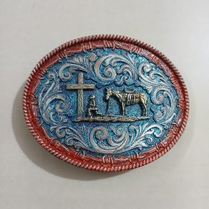 Cowboy Cross Horse vintage belt buckle – front view