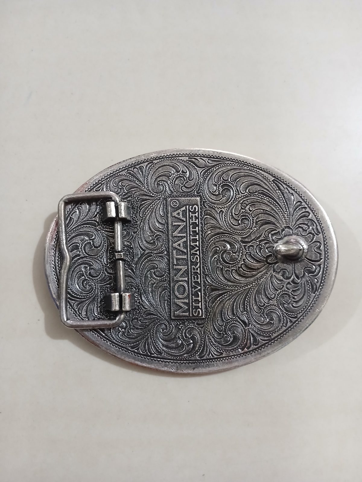 Cowboy Cross Horse Vintage Belt Buckle – Back view Cowboy Cross Horse vintage belt buckle – back view