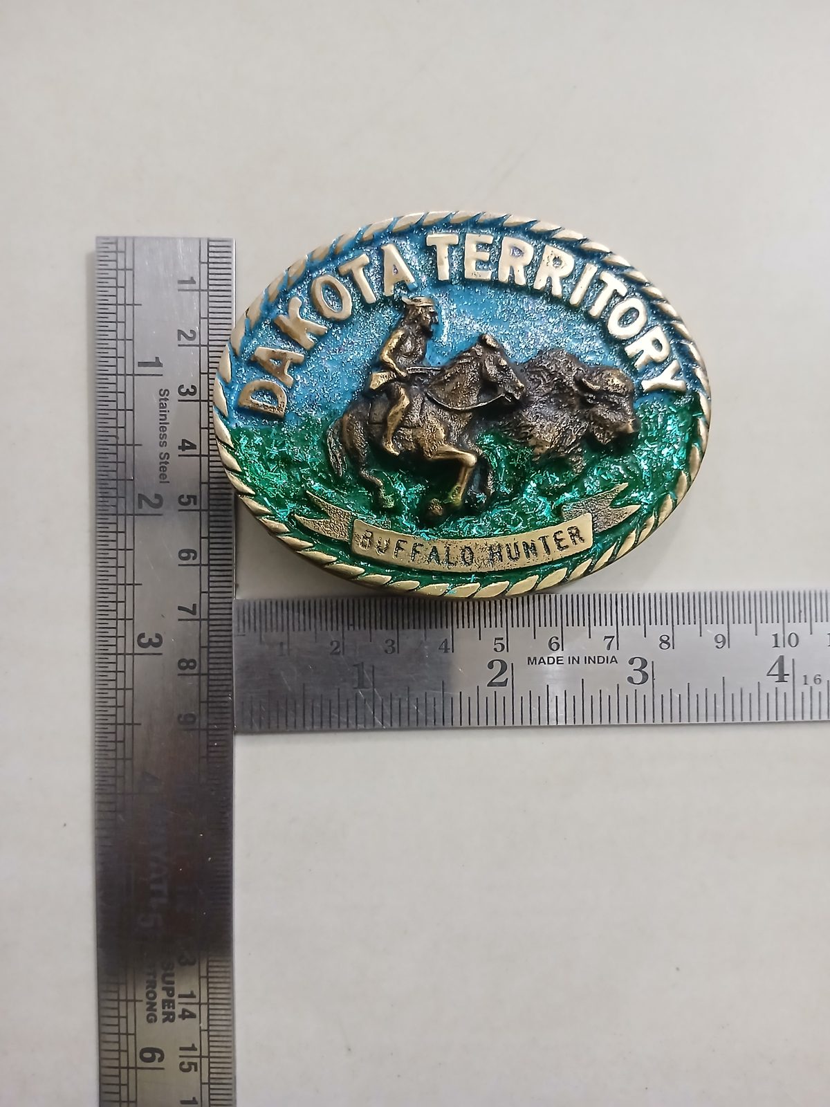 Dakota Territory Buffalo Hunter Vintage Belt Buckle – With ruler for size Dakota Territory Buffalo Hunter vintage belt buckle – with ruler for size