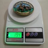 Dakota Territory Buffalo Hunter vintage belt buckle – on scale showing weight