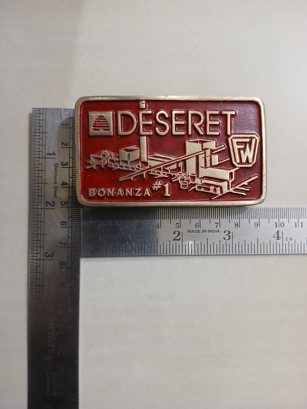 Deseret Bonanza 1 Foster Wheeler Vintage Belt Buckle – With ruler for size Deseret Bonanza 1 Foster Wheeler vintage belt buckle – with ruler for size