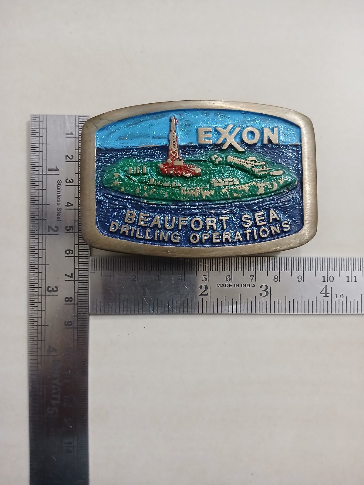 Exxon Beaufort Sea Drilling Vintage Belt Buckle – With ruler for size Exxon Beaufort Sea Drilling vintage belt buckle – with ruler for size
