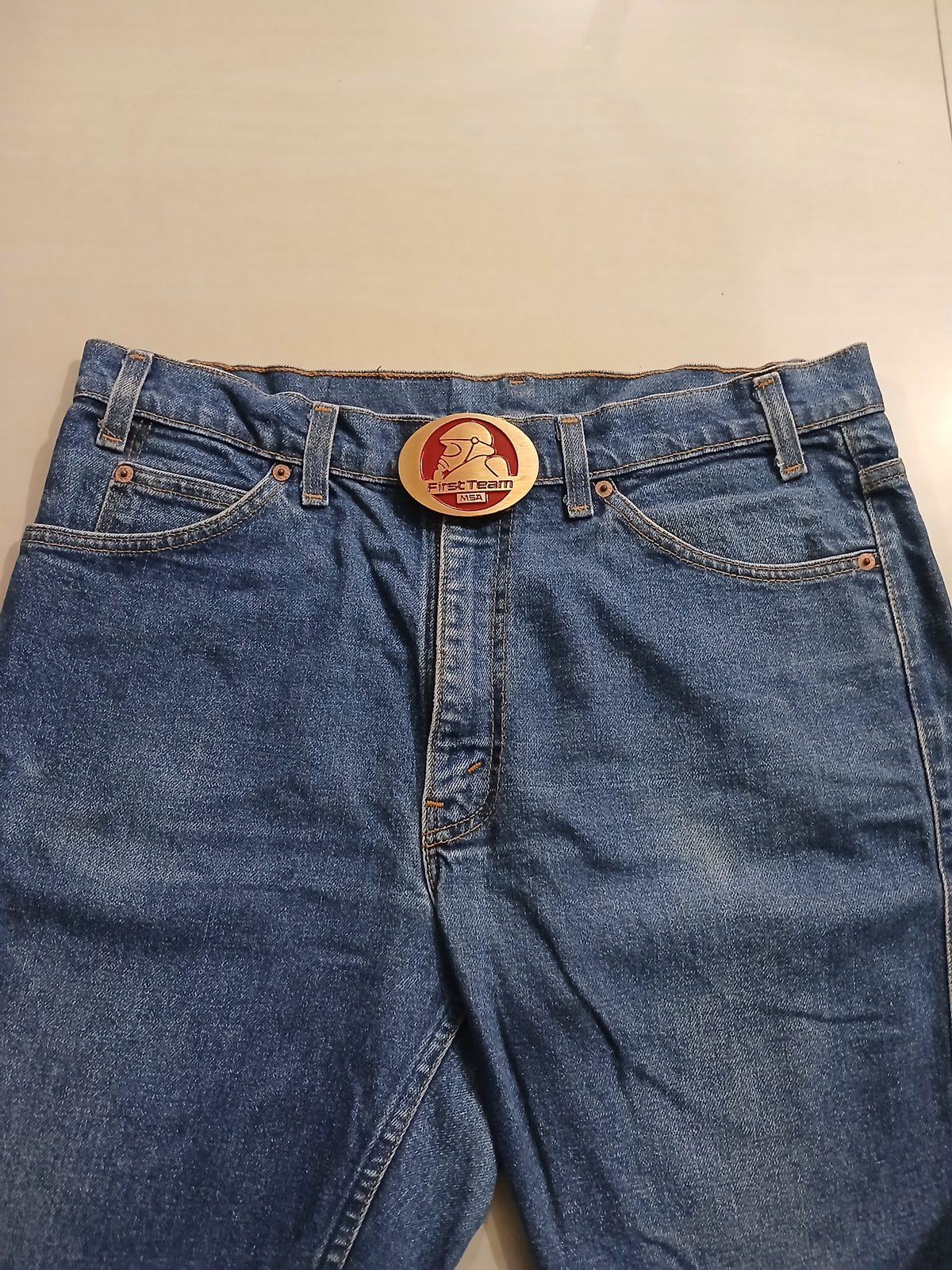 First Team MSA Vintage Belt Buckle – Worn on belt with jeans First Team MSA vintage belt buckle – worn on belt with jeans