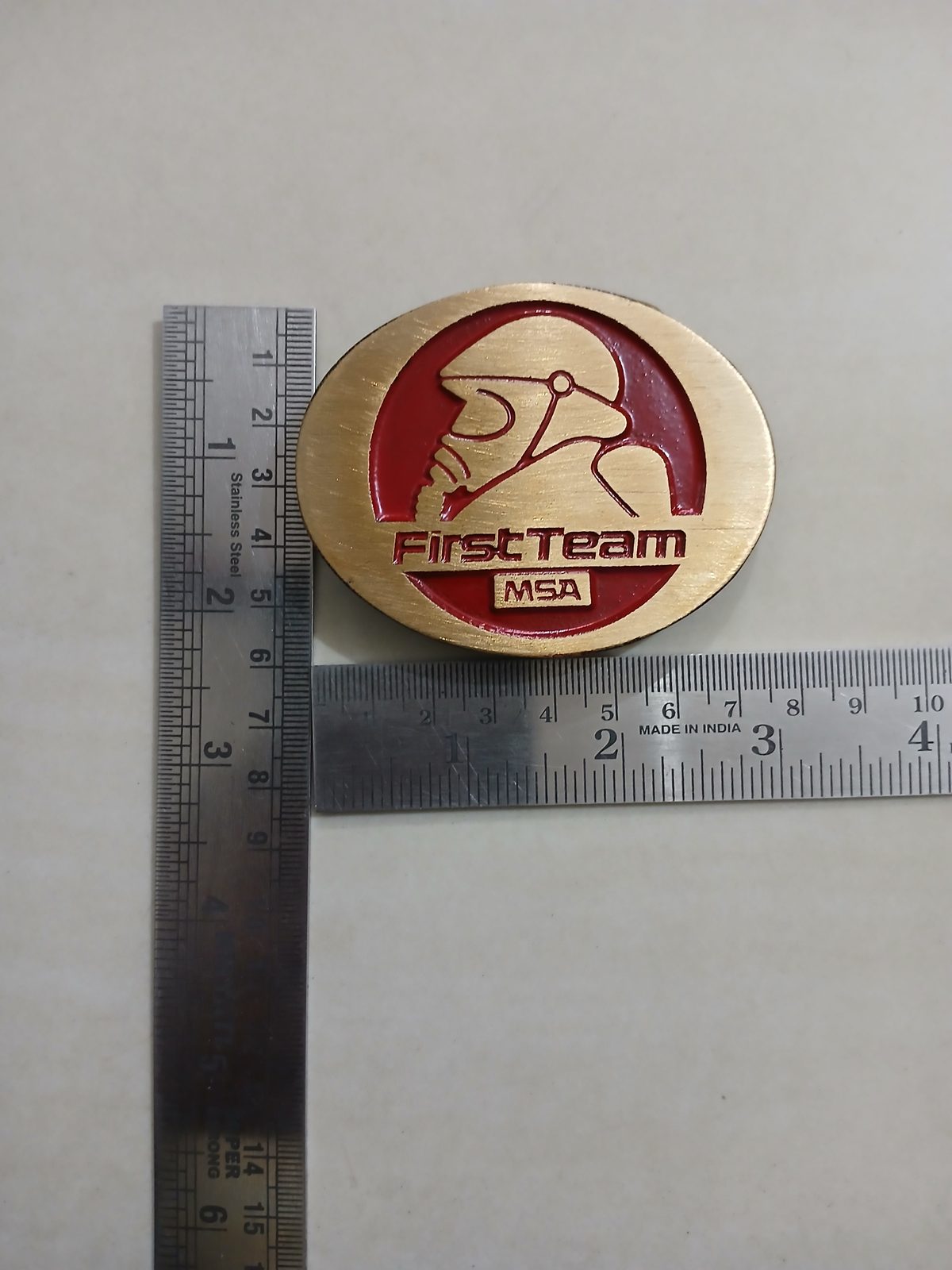 First Team MSA Vintage Belt Buckle – With ruler for size First Team MSA vintage belt buckle – with ruler for size