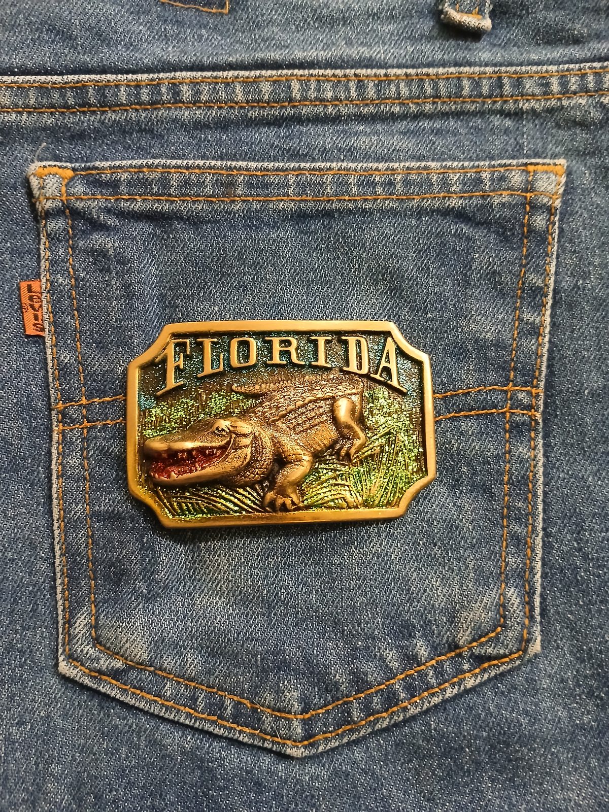 Florida Alligator Vintage Belt Buckle – On jeans back pocket Florida Alligator vintage belt buckle – on jeans back pocket