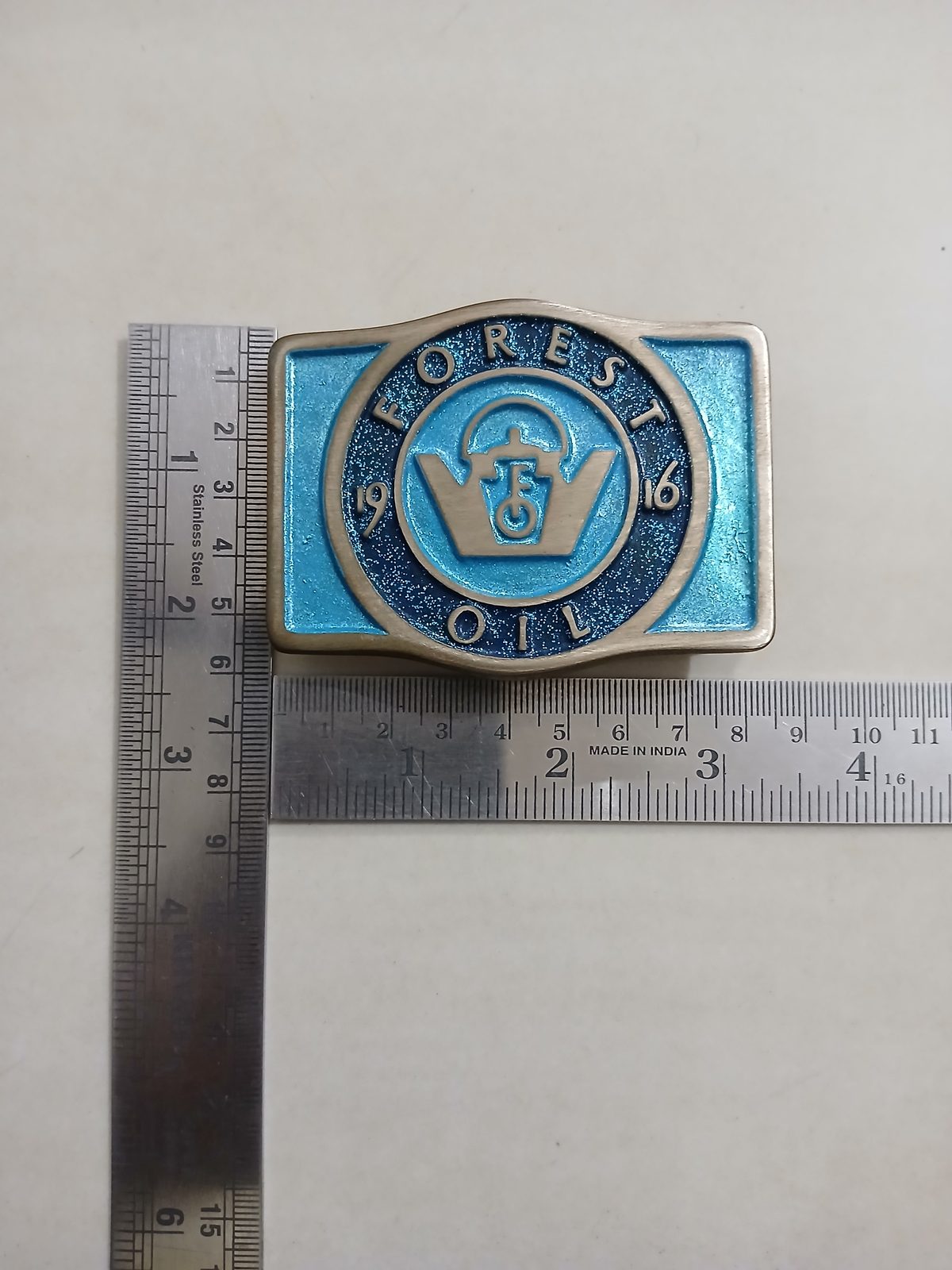 Forest Oil 1916 Vintage Belt Buckle – With ruler for size Forest Oil 1916 vintage belt buckle – with ruler for size