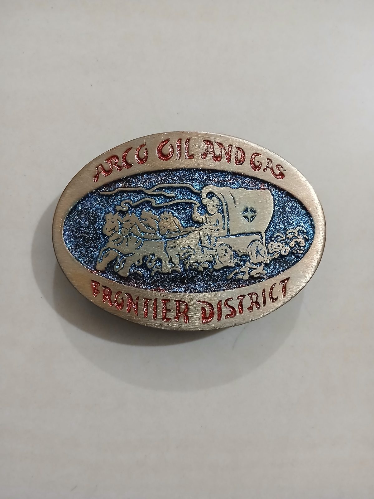 Frontier District Wagon Vintage Belt Buckle – Front view Frontier District Wagon vintage belt buckle – front view