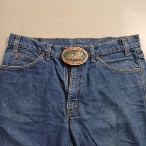 Frontier District Wagon vintage belt buckle – worn on belt with jeans
