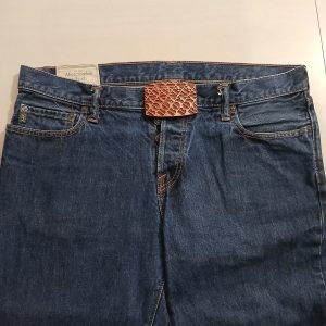 Geometric Pattern vintage belt buckle – worn on belt with jeans