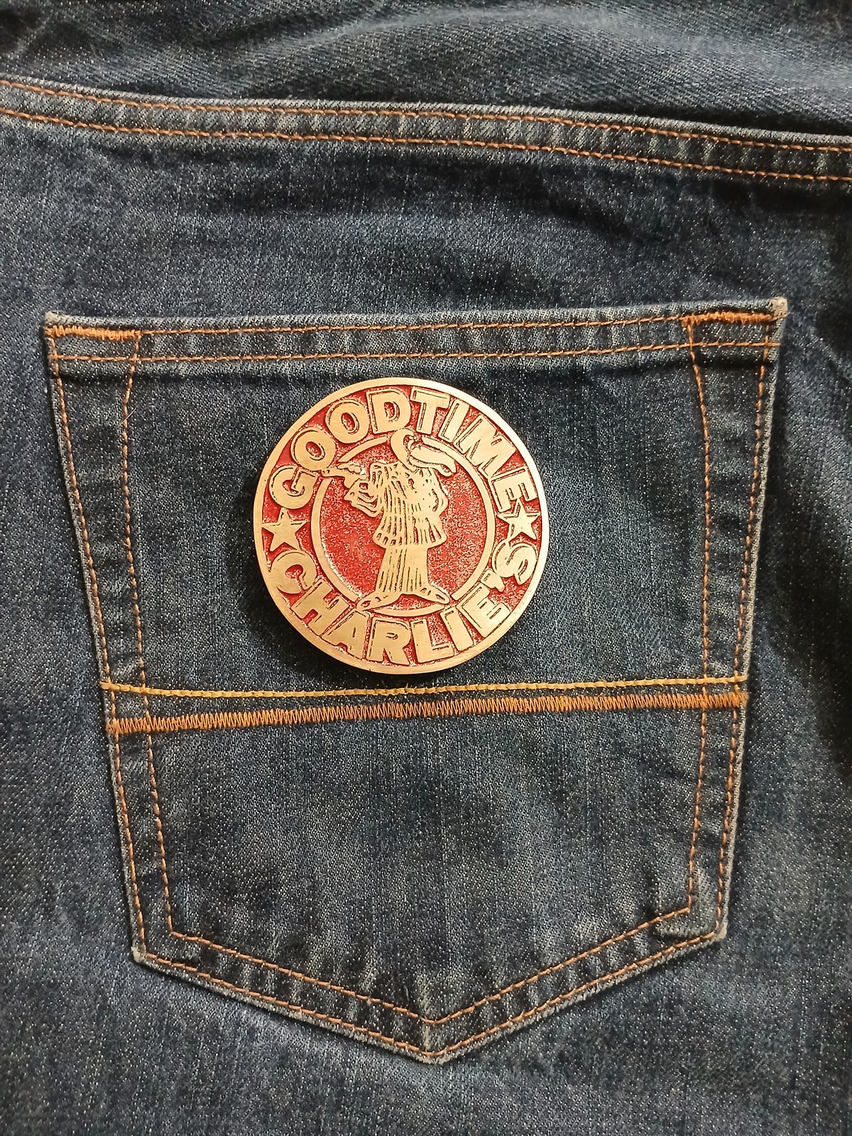 Good Time Charlies Vintage Belt Buckle – On jeans back pocket Good Time Charlies vintage belt buckle – on jeans back pocket